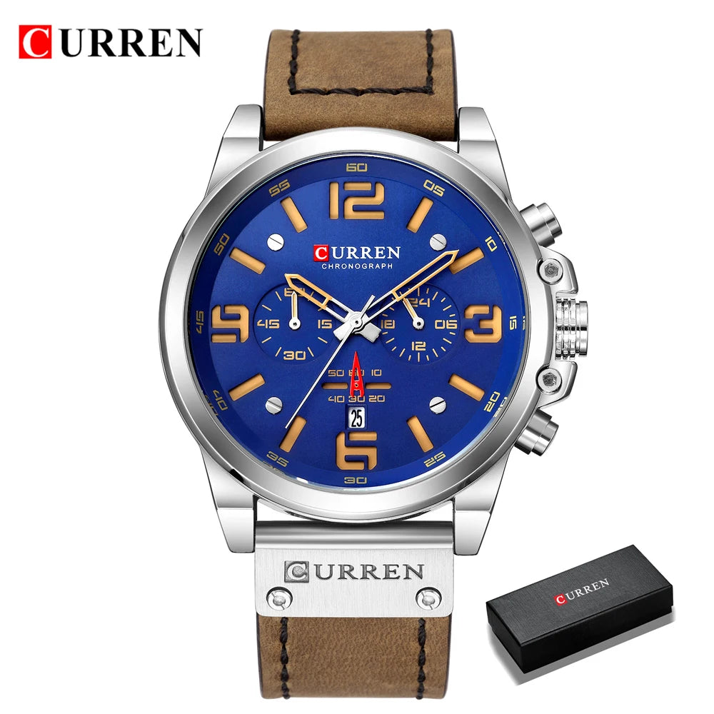 CURREN Men's Luxury Sport Chronograph Watch – Waterproof, Military, Genuine Leather, Quartz