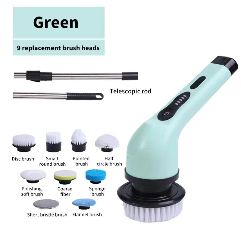 Cordless electric spin scrubber by R.E.D. Shopping with multiple brush heads and LED light for versatile household cleaning tasks.