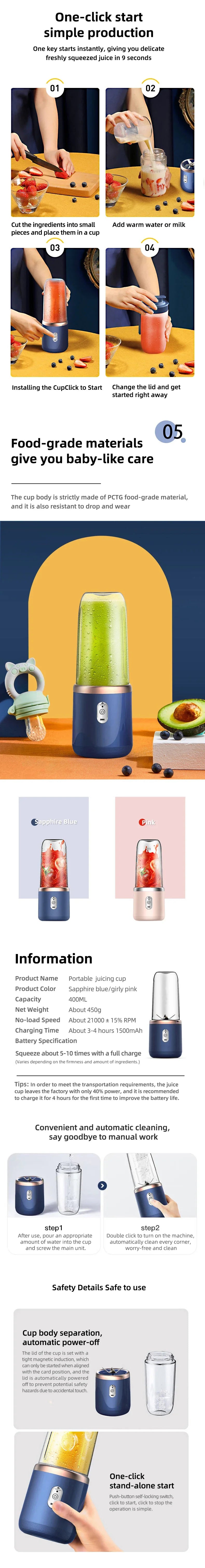 Portable Juicer Blender 400ml – USB Rechargeable Electric Fruit Juicer & Smoothie Cup