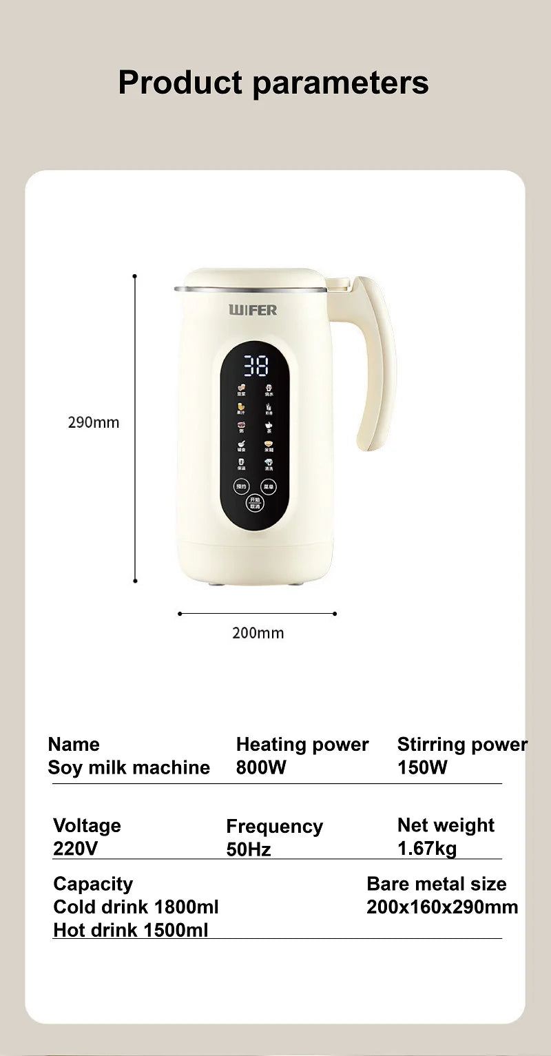 1.8L Soymilk Maker & Electric Juicer – 800W, 12h Appointment, Auto Keep Warm, Rice Paste & Food Wall Breaker | 220V