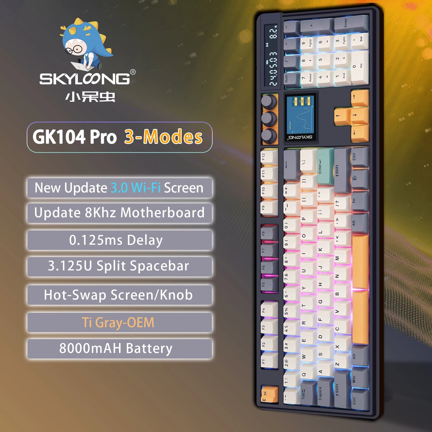 SKYLOONG GK104 Pro Full-Size Wireless Mechanical Keyboard – 104 Key, Hot-Swap, RGB, Macro Knob