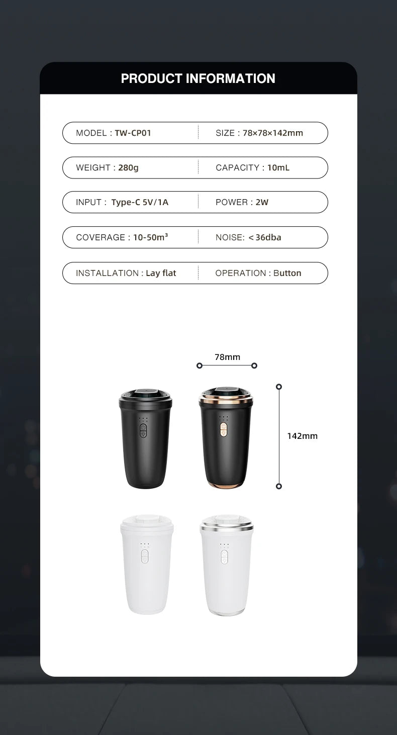 Namste Car Air Freshener | 50m³ Waterless Aroma Diffuser | Essential Oils | Aluminum | USB-C | Black