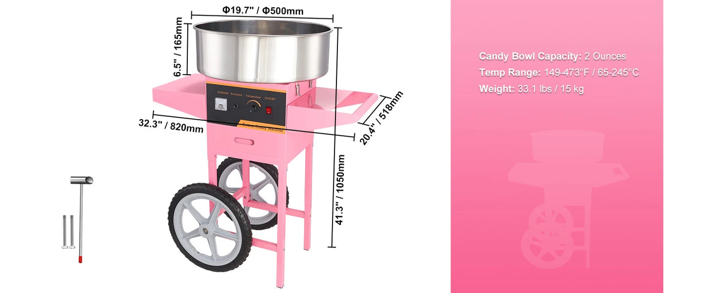 SucceBuy Electric Cotton Candy Machine with Cart | 1000W Commercial Floss Maker | Stainless Steel