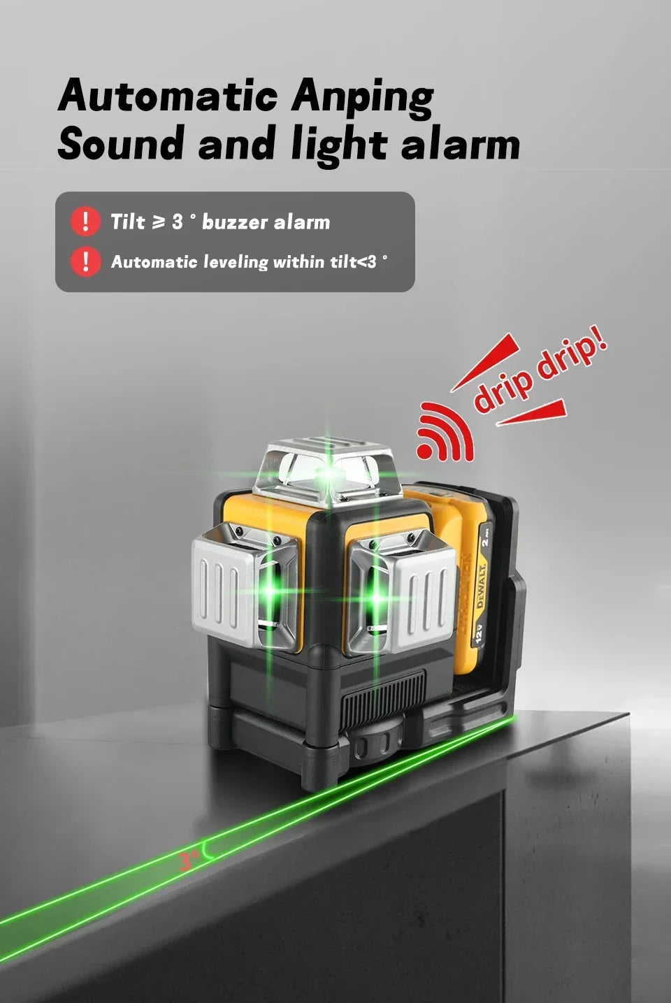 DW089LG 12-Line 3x360° Green Laser Level – 12V Lithium Battery Outdoor Leveling