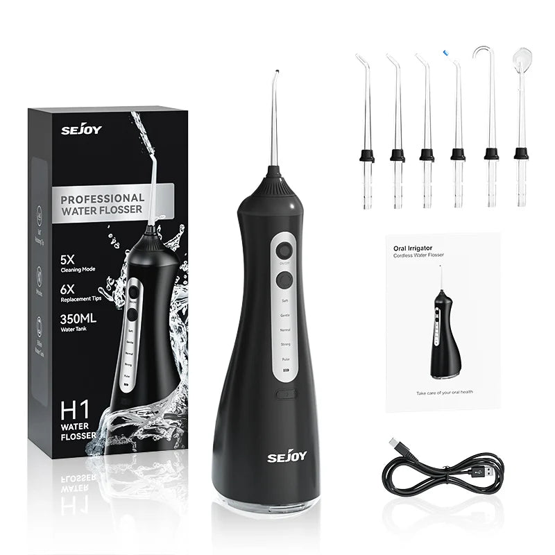 Sejoy Electric Water Dental Flosser – 350ml, 6 Modes, IPX7, 4 Nozzles, Cordless