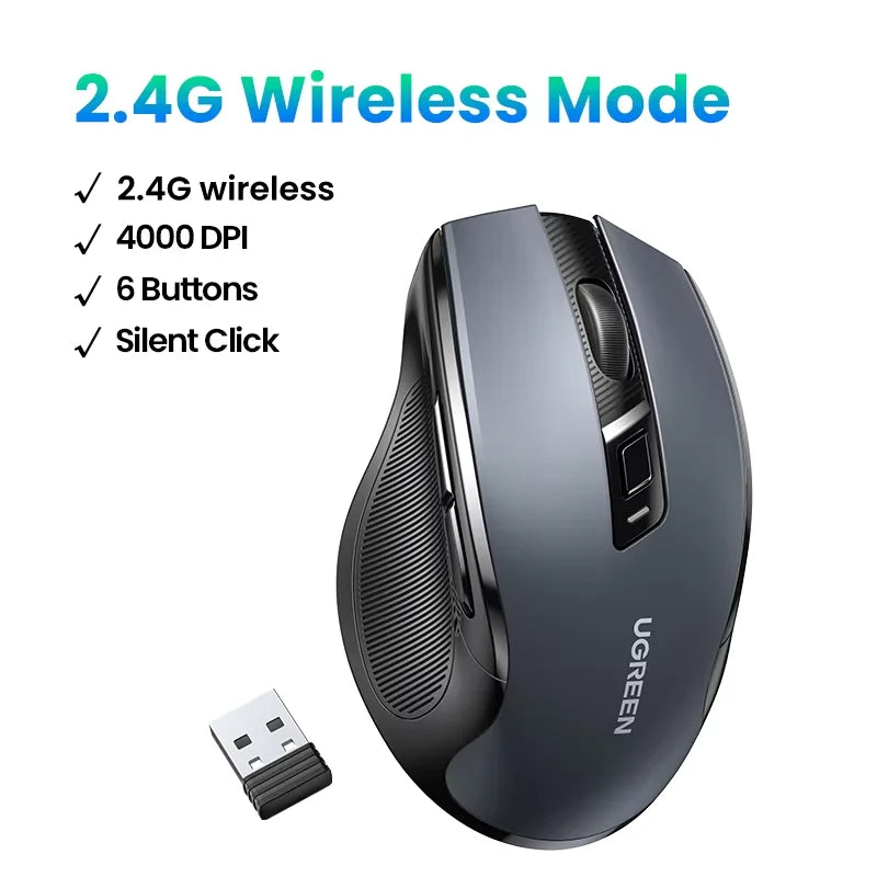 UGREEN MU006 Wireless Mouse – BT5.0 & 2.4G, 4000 DPI, 6 Silent Buttons, Ergonomic for MacBook & PC