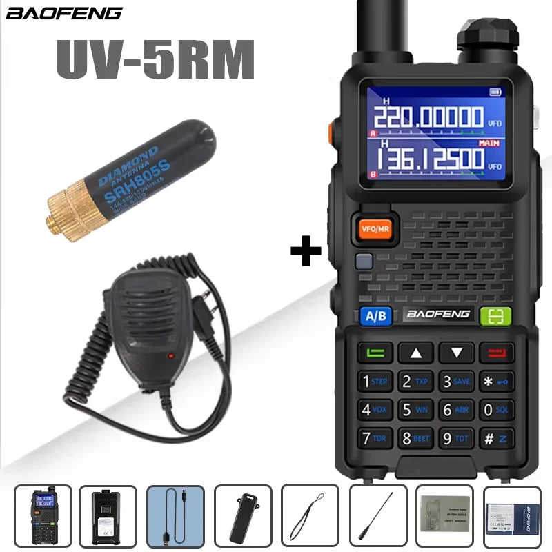 Baofeng UV-5RM walkie talkie with four-band radio, 999 channels, and a 3800mAh battery, shown in a close-up image.