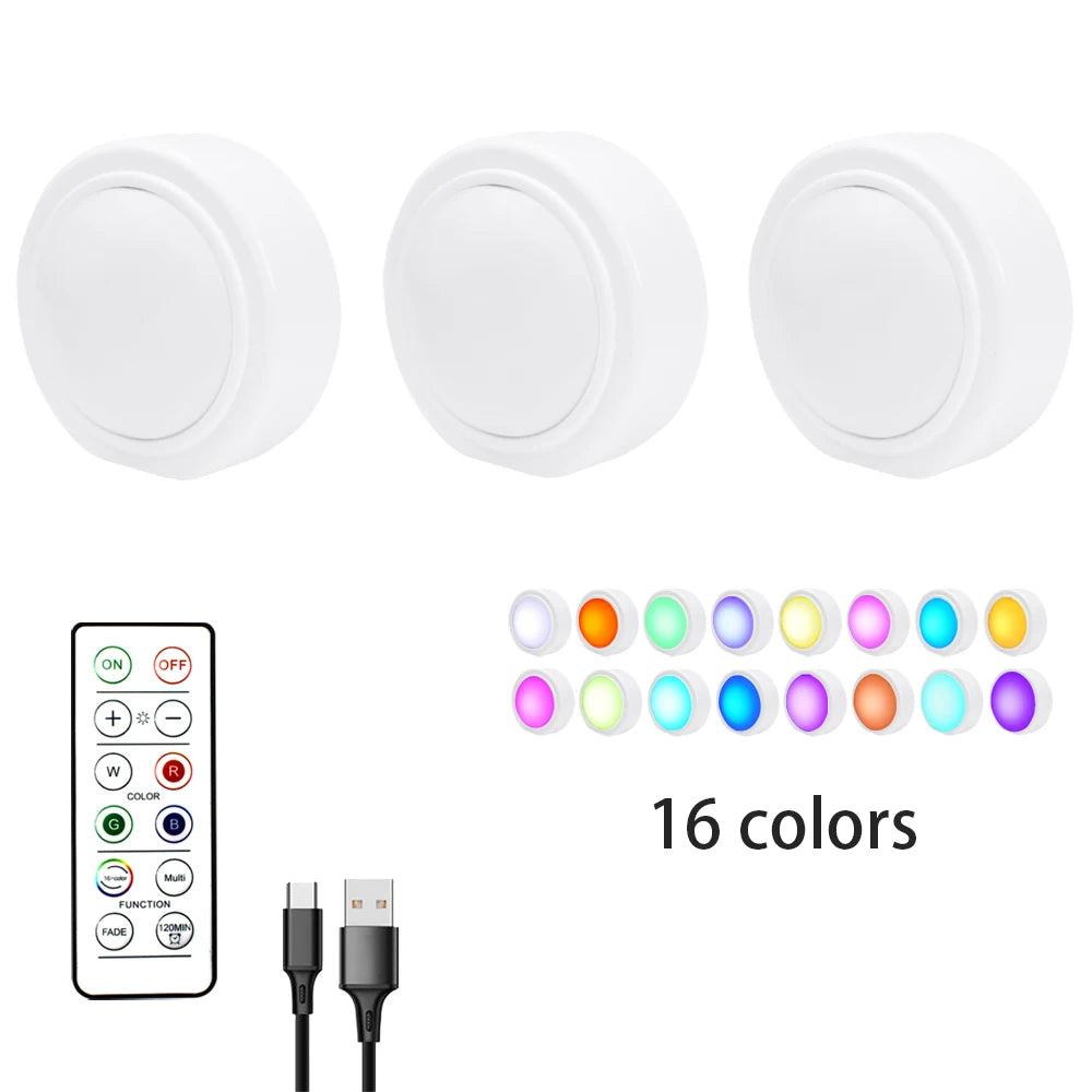 RGB LED Under Cabinet Light – 16 Colors, USB Rechargeable, Remote Control