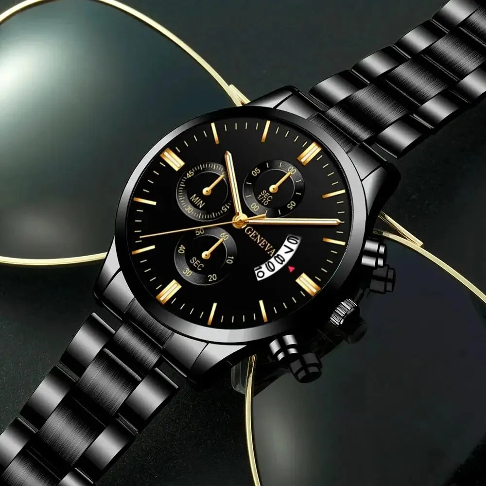 Men’s luxury stainless steel quartz wristwatch with calendar display, stylish business accessory from R.E.D. Shopping