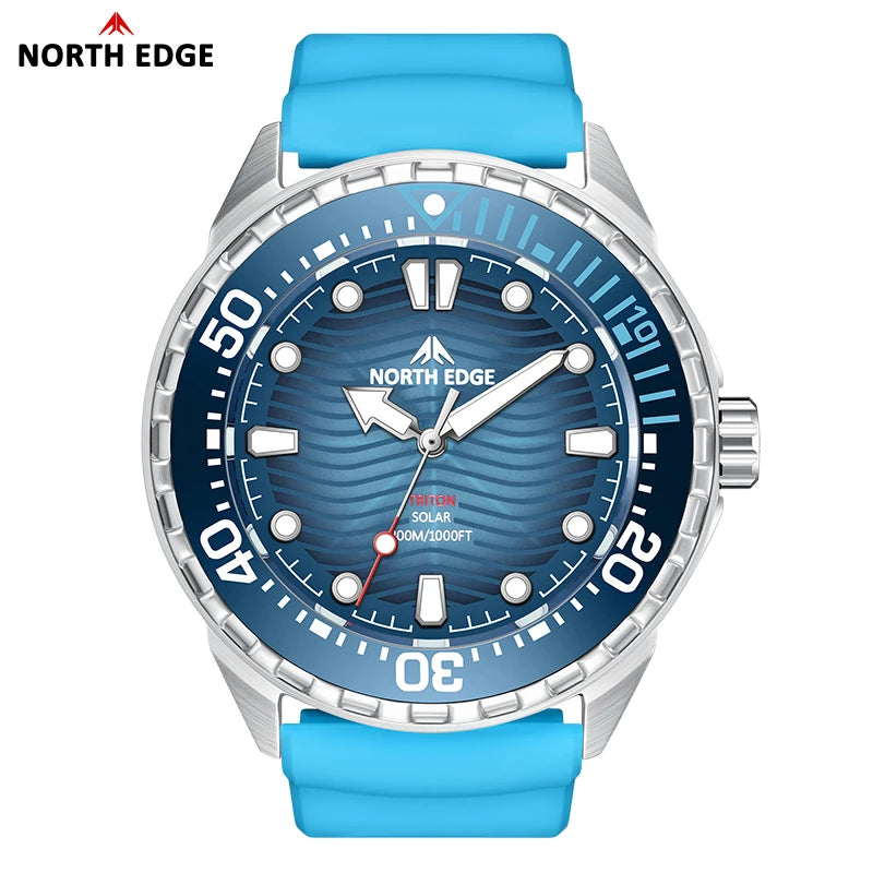 NORTH EDGE TRITON Solar Dive Watch – Men's Luxury Quartz, 316L Steel, 300M Waterproof, 2025