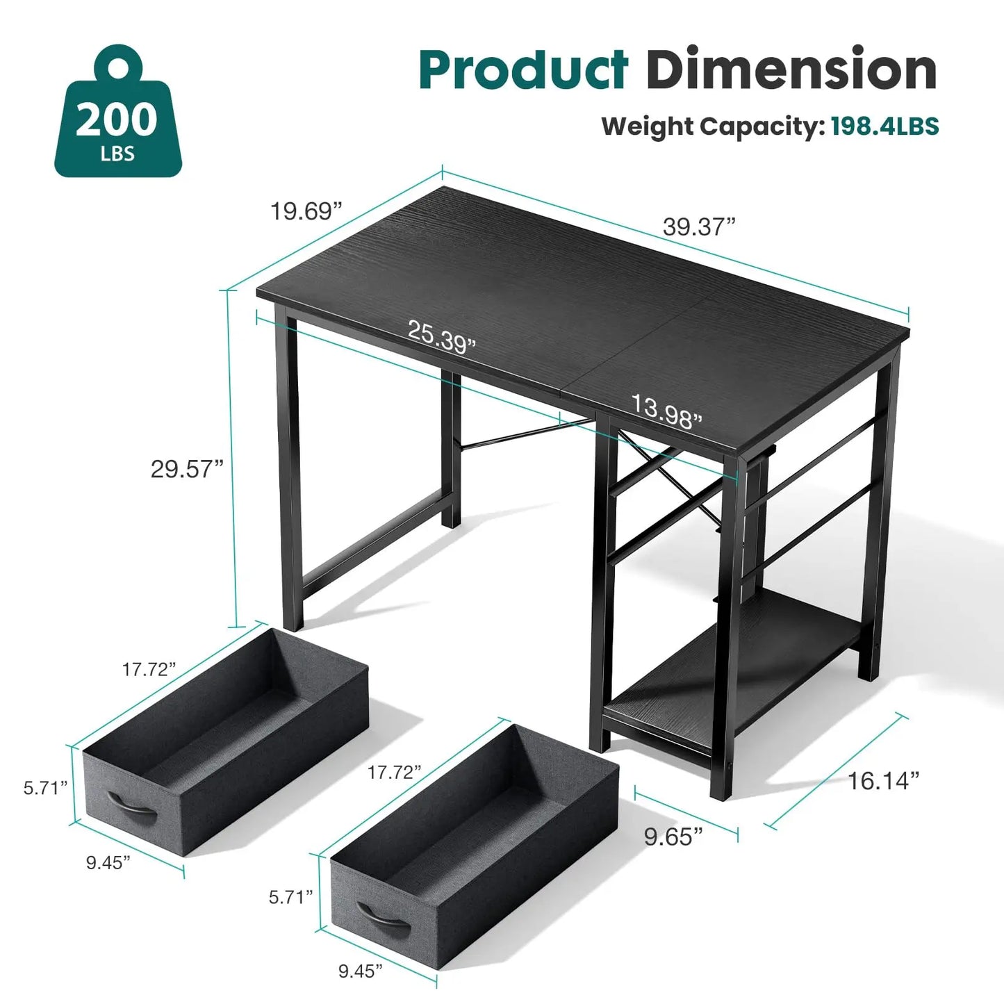 JHK Computer Desk with 2 Fabric Drawers | 40" & 47" Reversible Storage