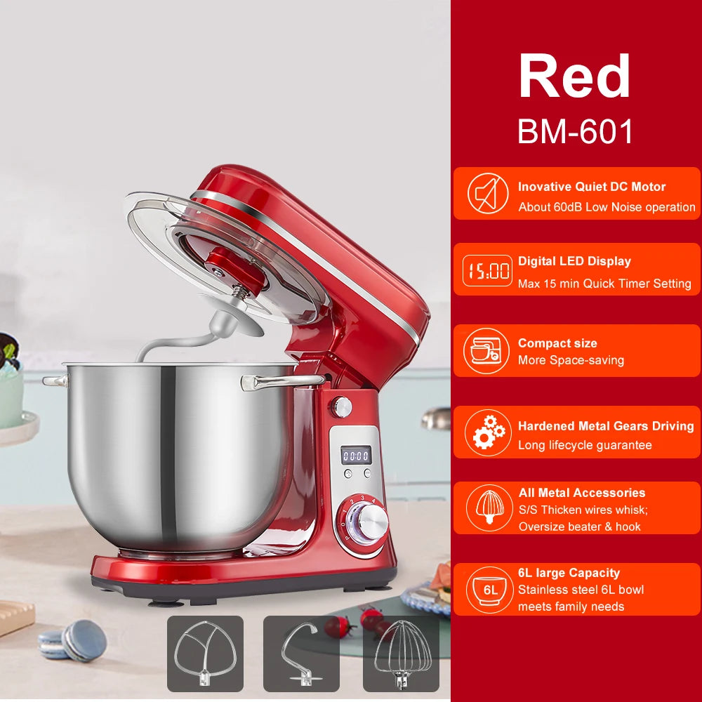 BioloMix BM601 1200W Kitchen Stand Mixer – 6L Stainless Bowl, 6-Speed, Quiet DC Motor