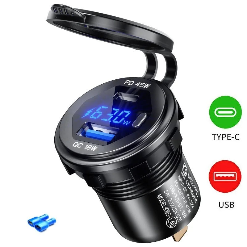 63W Aluminum USB-C Car Charger Socket – PD & QC3.0 Dual Port, 12V/24V for Car, Boat & Motorcycle