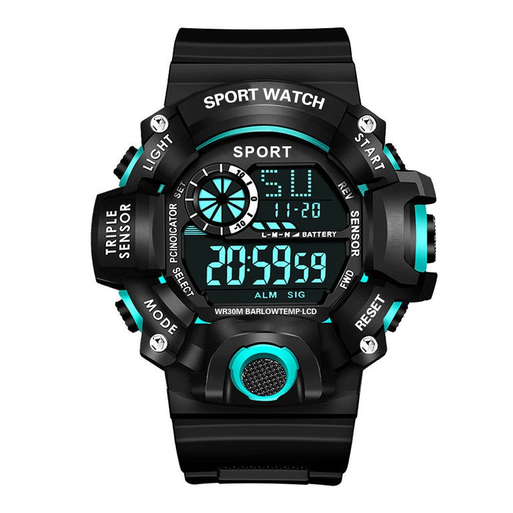 Men's sports electronic wristwatch with large dial, waterproof design, luminous display, and alarm feature by R.E.D. Shopping.