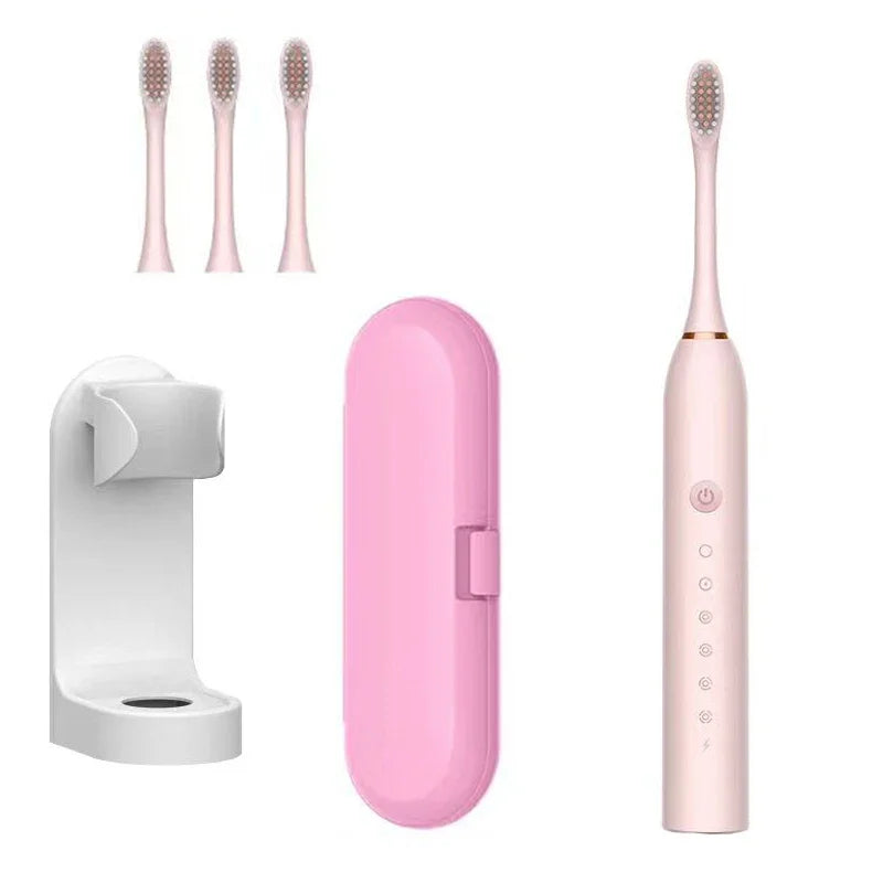 Xiaomi 6 Gear Sonic Electric Toothbrush with 8 washable brush heads, waterproof design, rechargeable, in sleek white color.