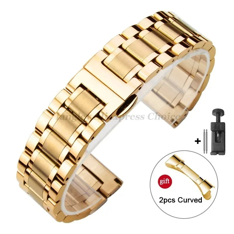 Curved End Solid Stainless Steel Watch Strap – Universal 12–24mm with Butterfly Clasp