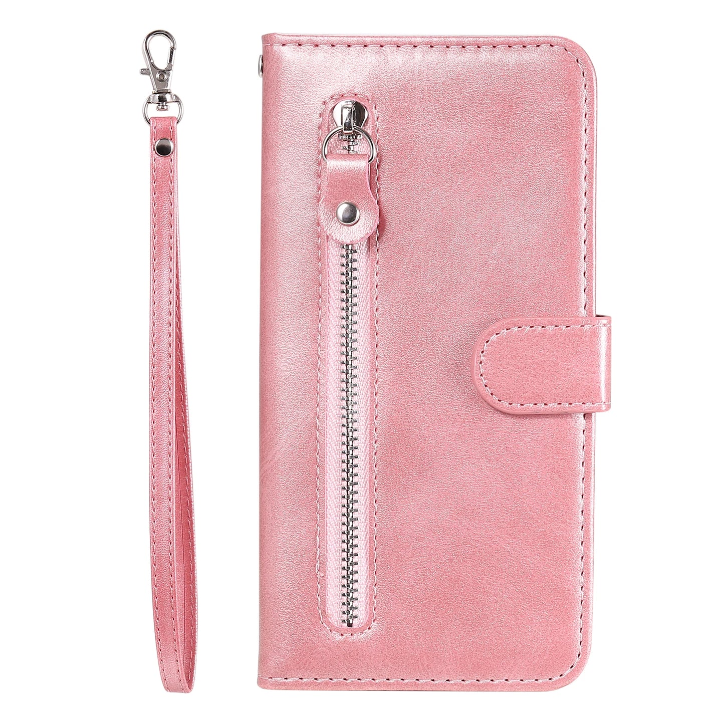 iPhone 16 Plus leather zipper wallet case with card slots and magnetic stand, featuring a sleek design and secure closure.