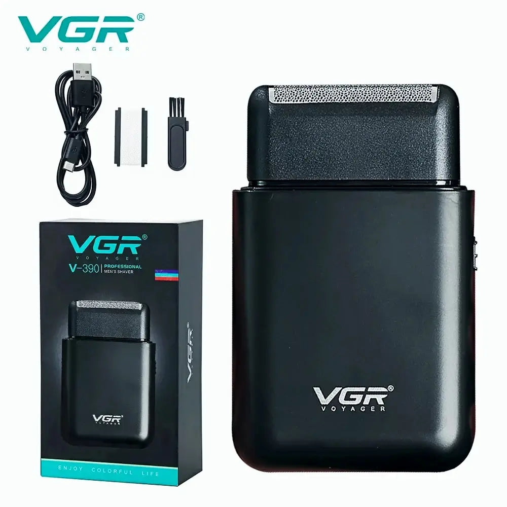 VGR Electric Shaver by R.E.D. Shopping showing compact portable beard trimmer with USB charging port for men’s grooming.