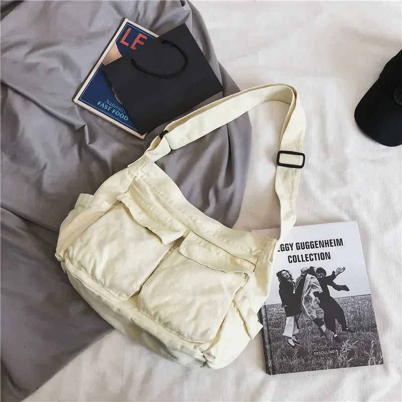 Large Canvas Messenger Bag - Multi-Pocket Hip Hop Style Shoulder Bag
