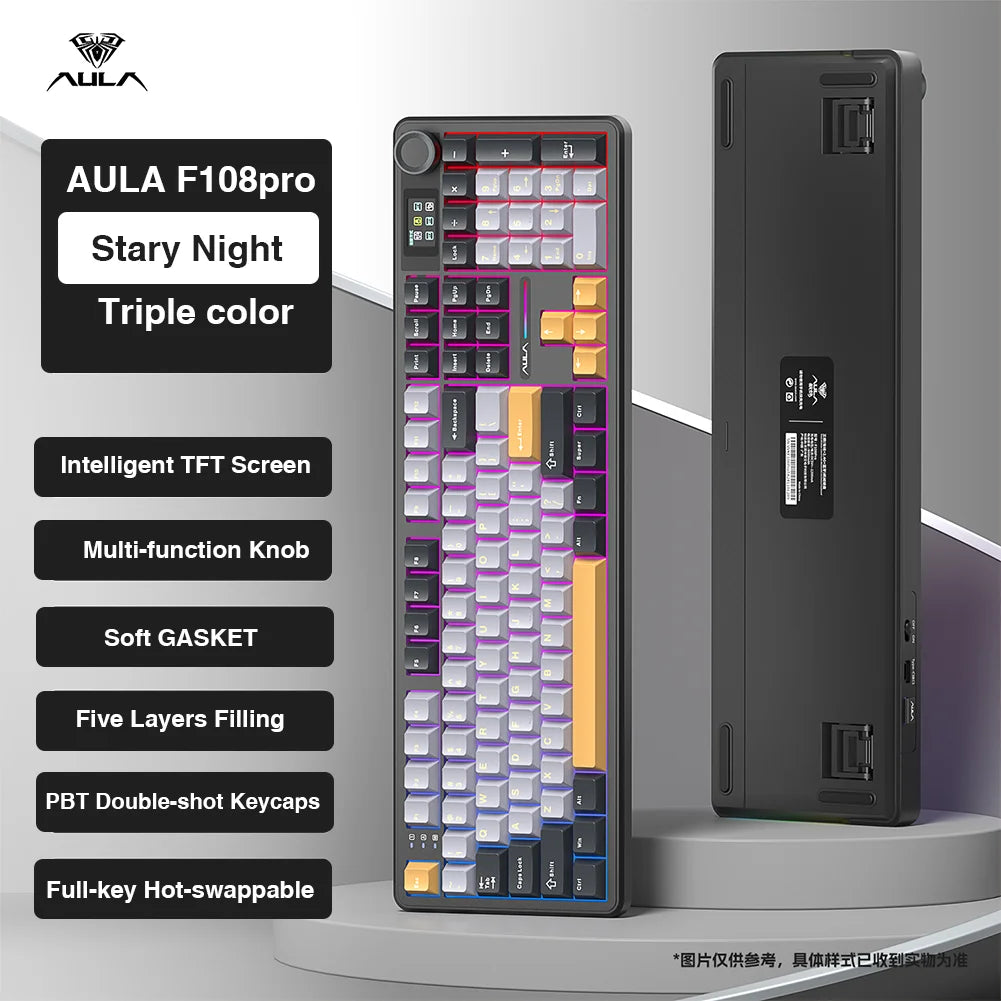 AULA F108Pro Wireless Mechanical Keyboard – Bluetooth, Gasket, Hot-Swap, TFT Display, RGB, 98 Keys