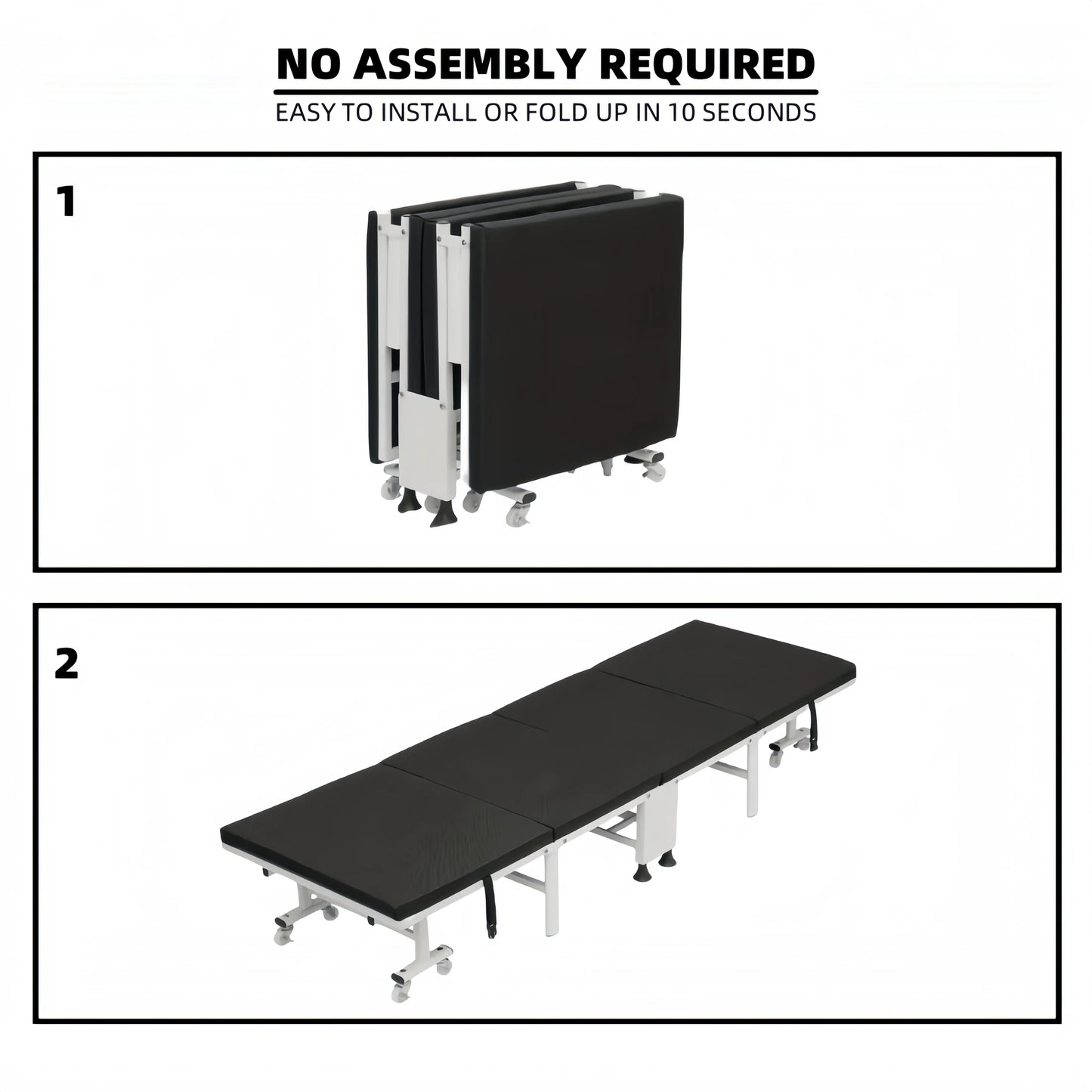 Heavy-duty folding bed with steel frame and lockable casters, available in 60, 70, 80, and 90cm, suitable for home bedroom use.