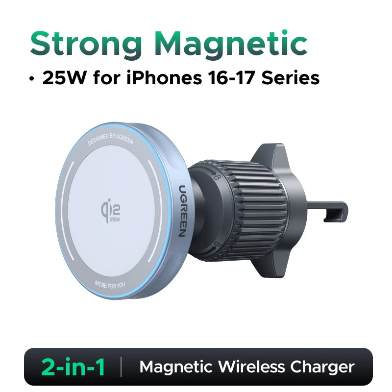 UGREEN Qi2.2 25W Magnetic Car Phone Holder & Wireless Charger | MagSafe Compatible for iPhone 17/16 Pro Max