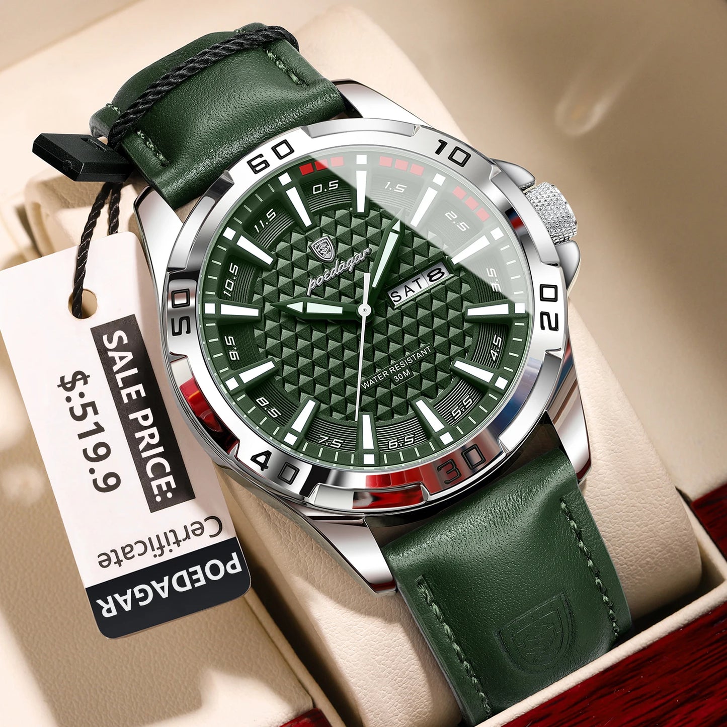 POEDAGAR Men's Luxury Wristwatch – Waterproof, Luminous, Date & Week Display, Quartz Sport Leather