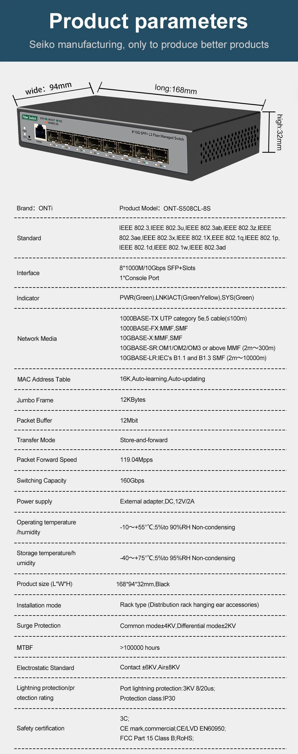ONTi 8-Port 10Gb SFP+ L3 Managed Network Switch | 160Gbps | VLAN | DHCP | Dynamic Routing | EU/UK Plug