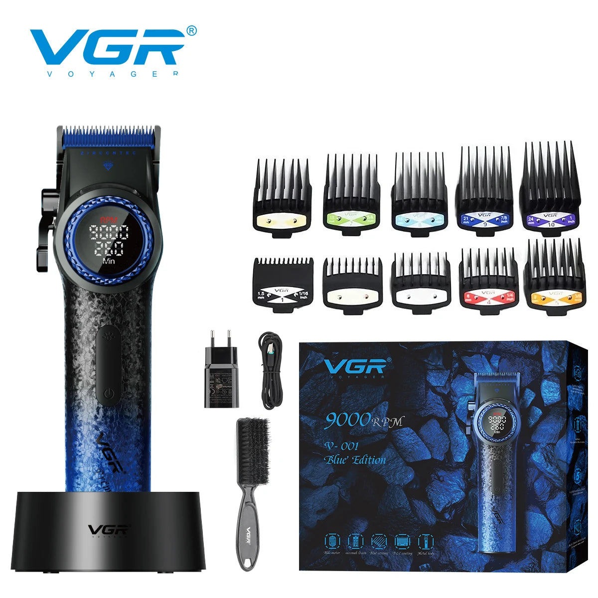 VGR V-001 Professional Hair Clipper – 9000RPM, 21-Speed, DLC Blades, 300min, USB