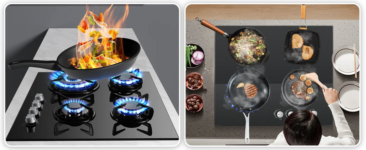 TopStrong 60cm 4-Burner Built-In Gas Hob – Black Tempered Glass, 8060W Dual Fuel