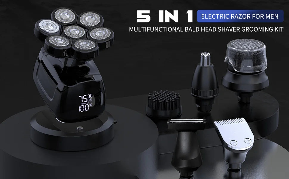 SEJOY 7D Head Shaver for Men – 6-in-1 Electric Razor, Nose Trimmer, Waterproof, 85min Runtime
