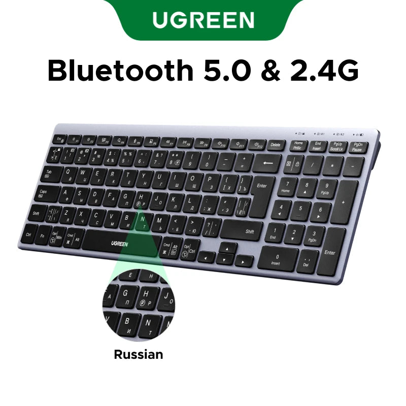 UGREEN Wireless Keyboard – Bluetooth 5.0 & 2.4G, 99 Keys, EN/RU Layout, USB-C Rechargeable | MacBook, iPad, PC, Tablet