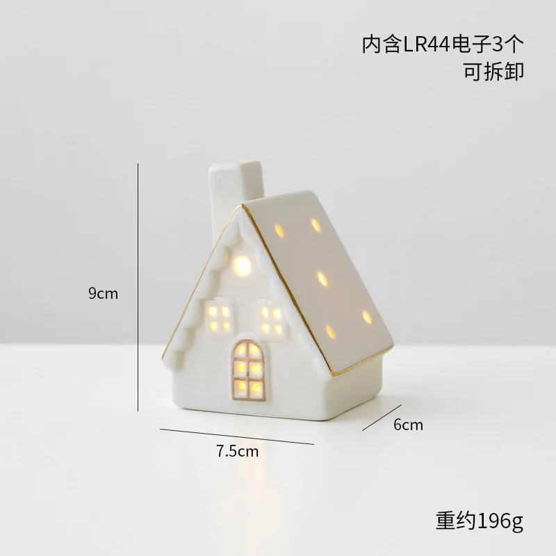 Christmas luminous snow house ceramic ornament with LED lighting, tabletop holiday decor, by R.E.D. Shopping