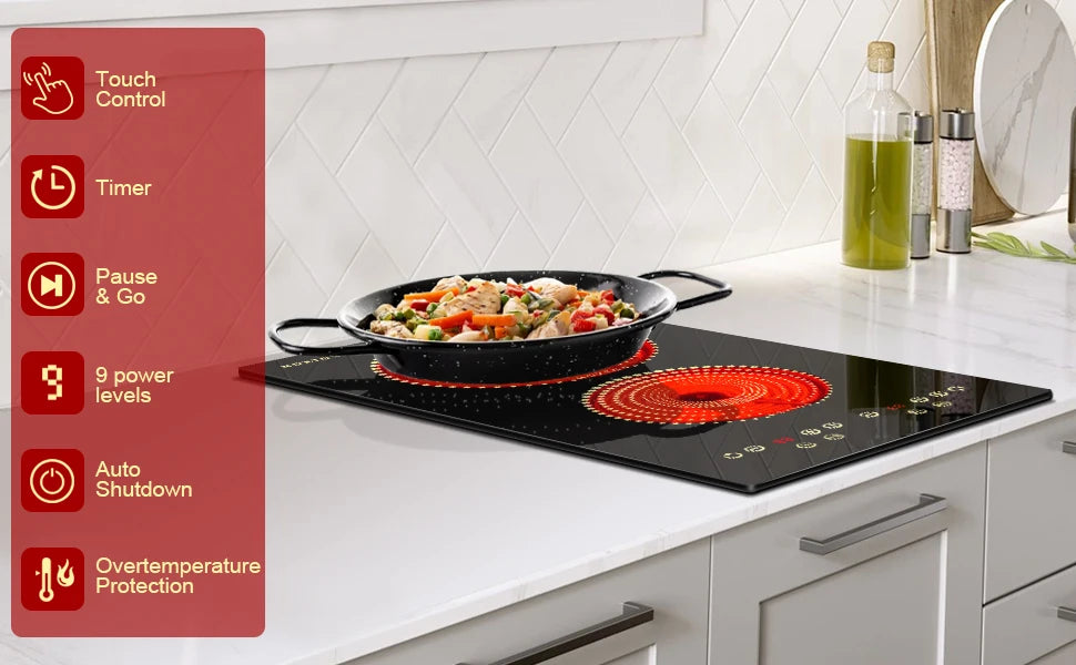 NOXTON 2-Zone Ceramic Hob – Plug-In, 99-Min Timer, Safety Lock, Countertop & Built-In, US 110V / EU-UK 220V