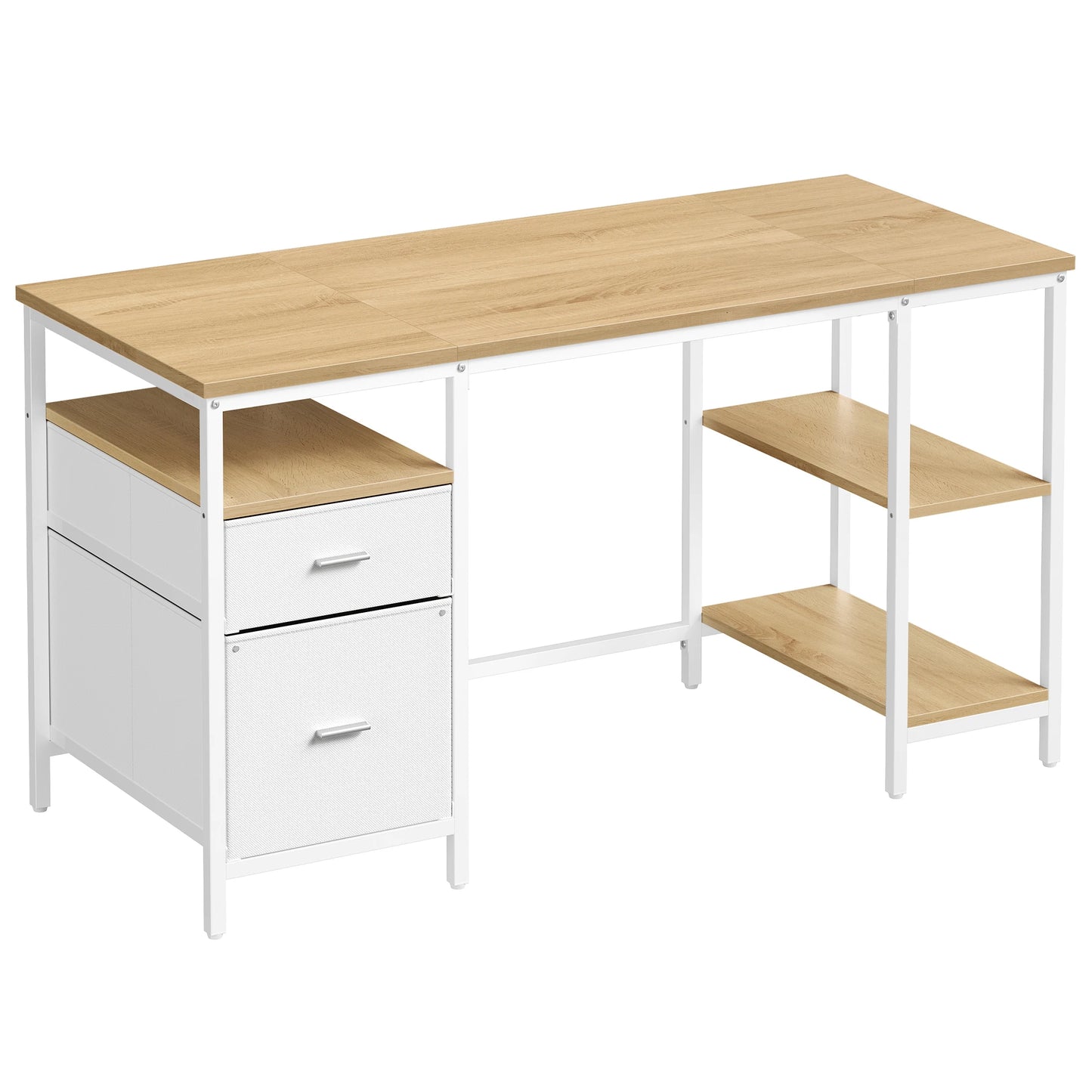 Computer Desk, 3 Shelves, 2 Drawers, 60 x 140 x 76 cm, Rustic Brown and Black/Natural Oak and Pearl White Color