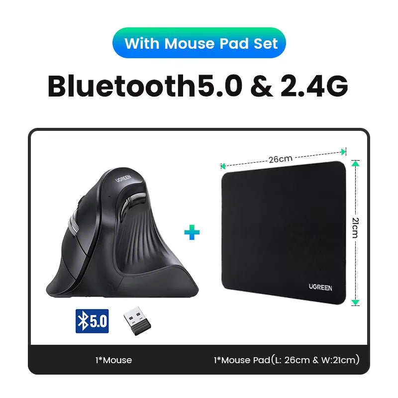 UGREEN Vertical Ergonomic Mouse – Bluetooth 5.0 & 2.4G Wireless, 4000DPI, 6 Silent Buttons, for Mac & PC