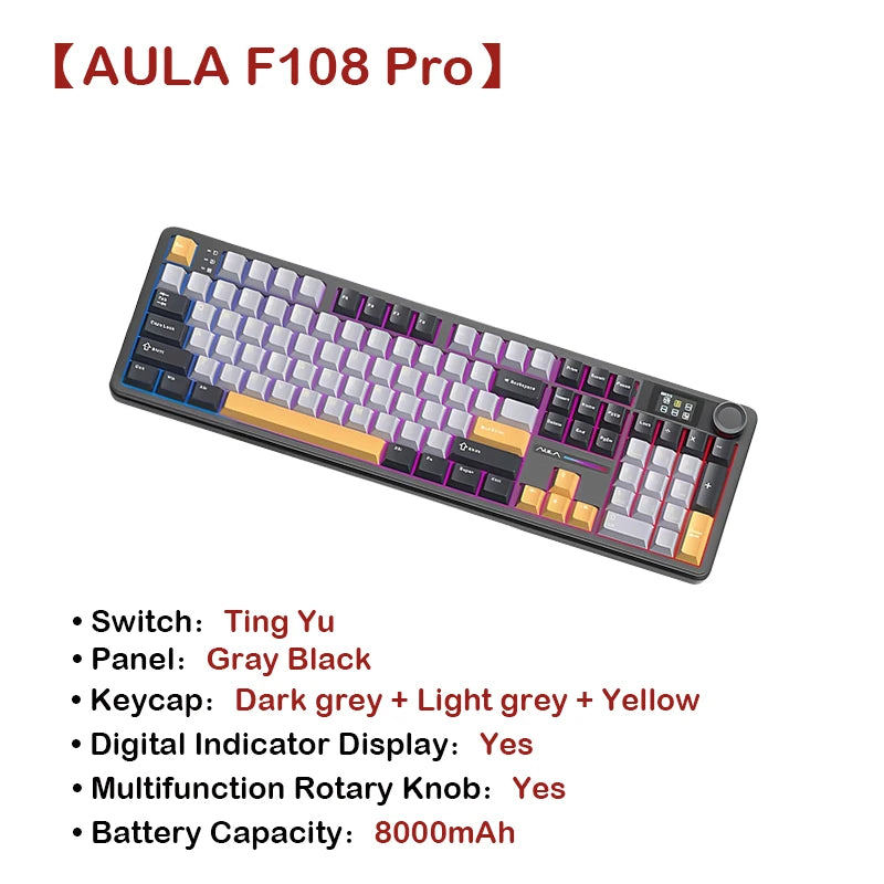 AULA F108Pro Wireless Mechanical Keyboard – UK Layout, Bluetooth Tri-Mode, Gasket, Hot-Swap, RGB, 104 Keys