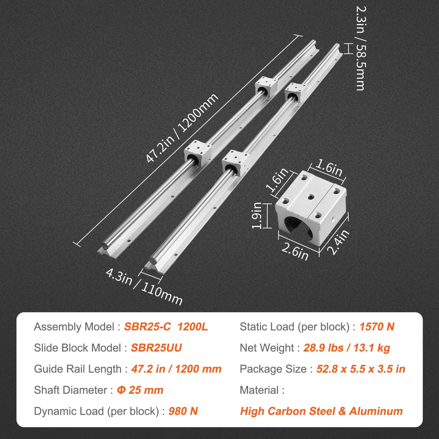 SBR Linear Guide Rails 800–2200mm with UU Bearing Blocks (2+4 Set)