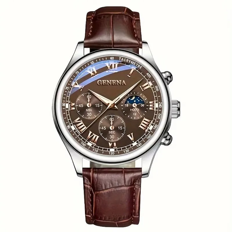 Geneva men's luxury quartz watch with leather strap, Roman numerals, water resistance, stylish jewelry accessory