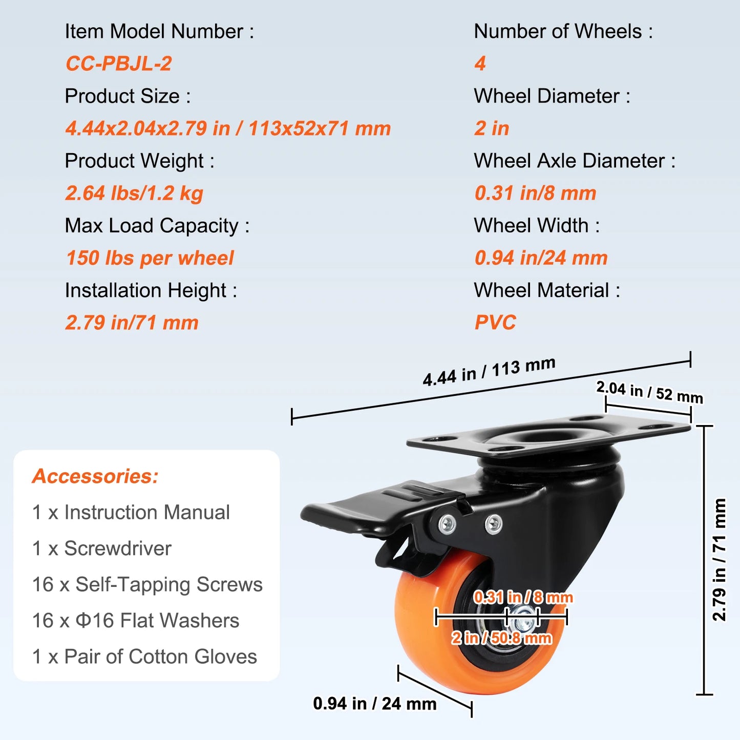 SucceBuy Swivel Plate Casters Set of 4 – 2–6 inch, Dual Locking PVC Wheels