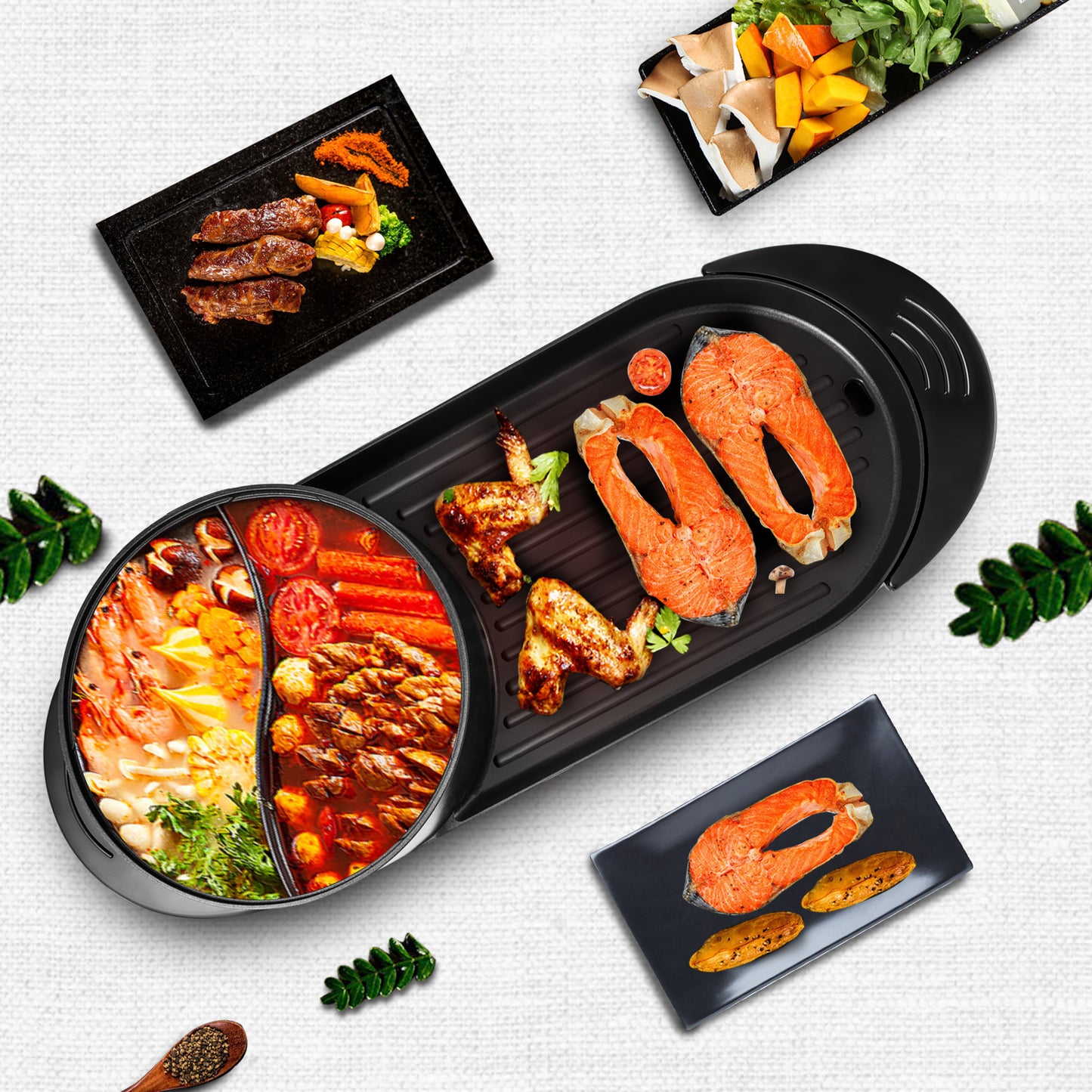 SucceBuy 2-in-1 Electric BBQ Grill & Hot Pot – Smokeless, Non-Stick, Detachable | Home Portable Barbecue