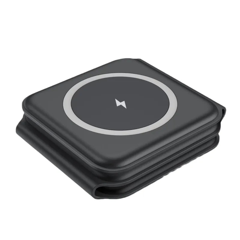 Foldable 3-in-1 magnetic wireless charging station by R.E.D. Shopping with phone holder and multiple charging ports.
