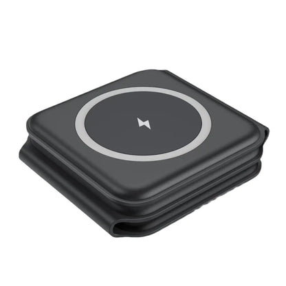 Foldable 3-in-1 magnetic wireless charging station by R.E.D. Shopping with phone holder and multiple charging ports.