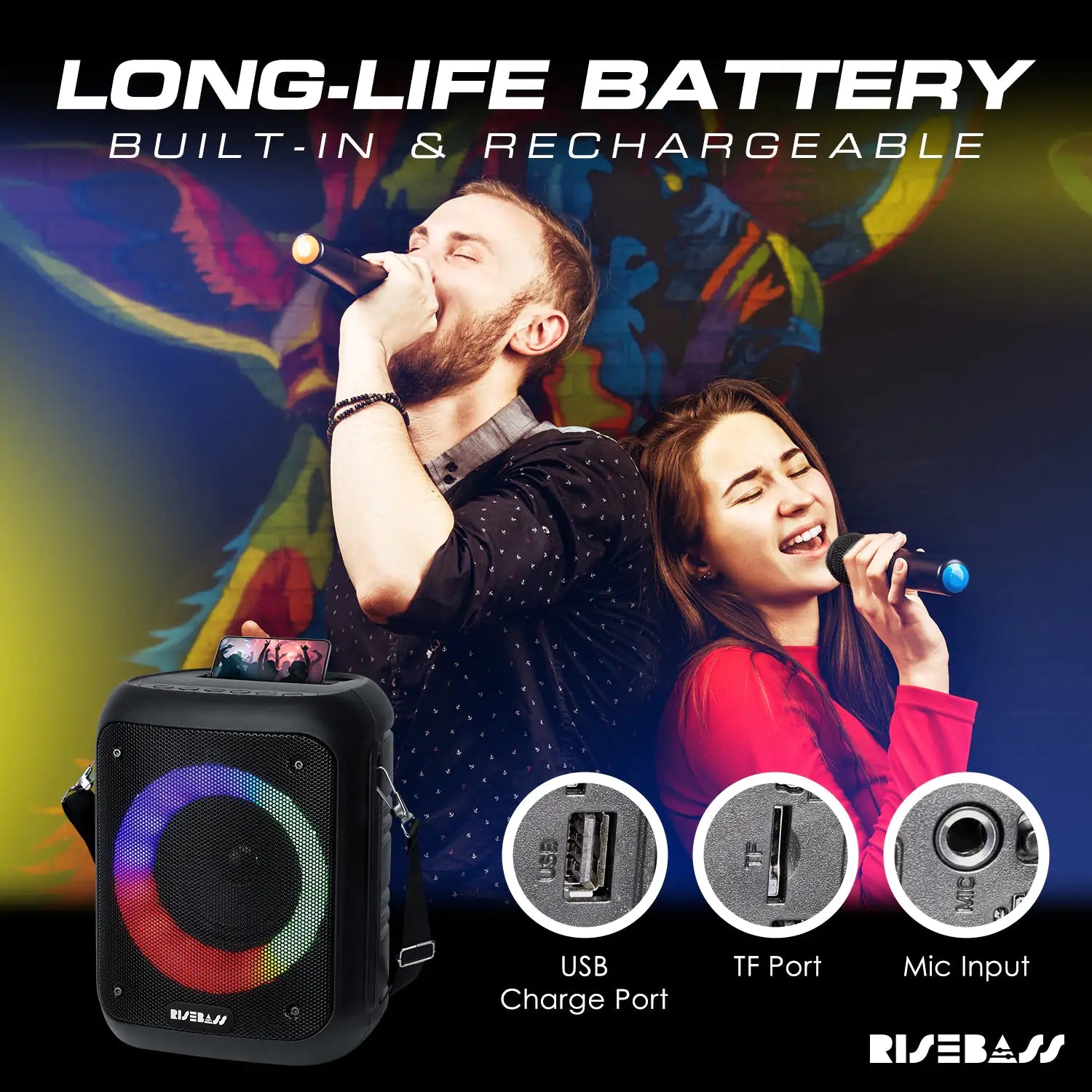 R.E.D. Shopping karaoke machine with built-in microphone and colorful LED lights, designed for singing entertainment at home.