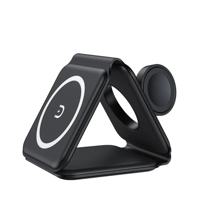 Red Shopping 3-in-1 magnetic wireless charging station with foldable phone holder and charging pads for smartphones and accessories.