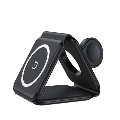 Red Shopping 3-in-1 magnetic wireless charging station with foldable phone holder and charging pads for smartphones and accessories.