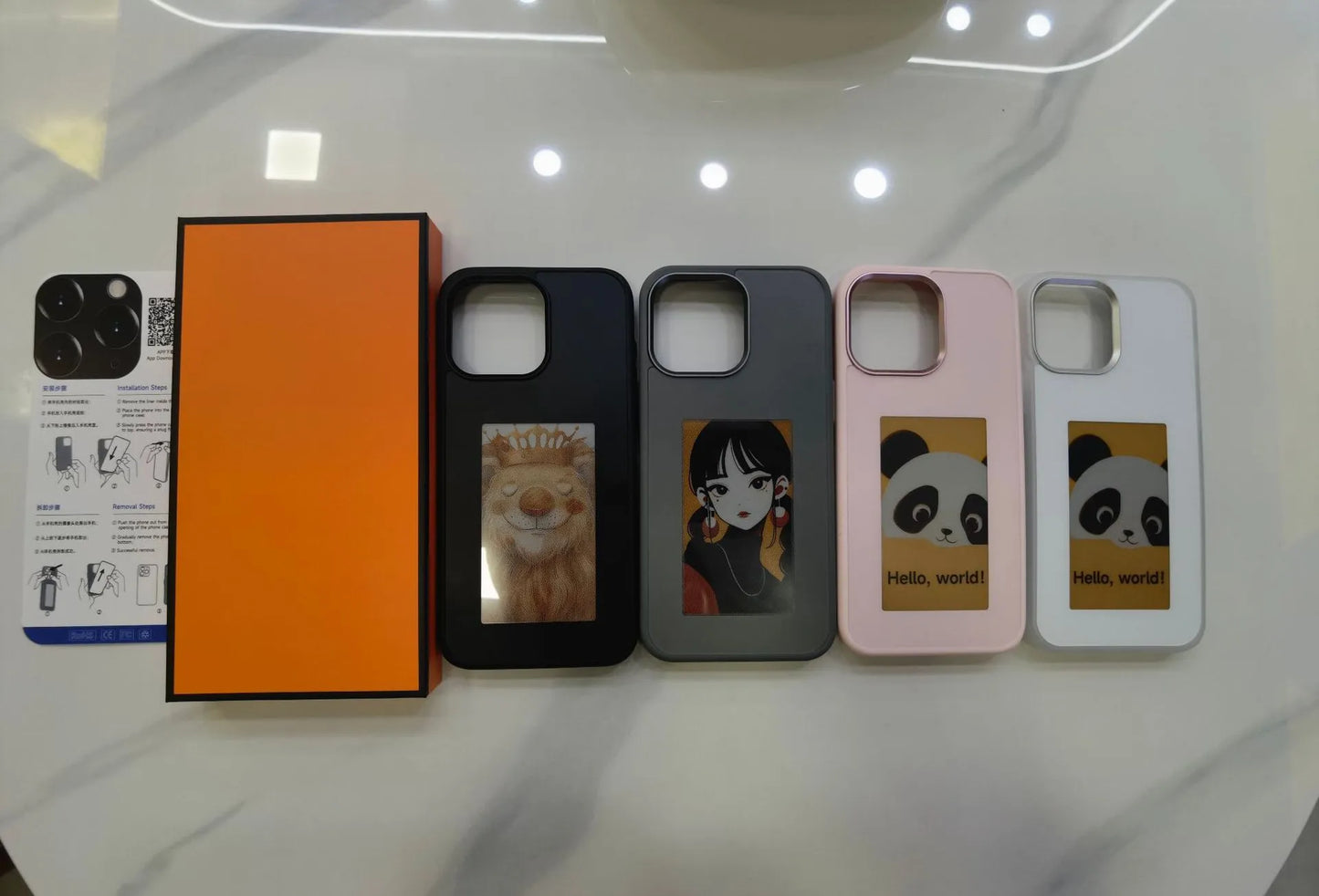 E-ink Screen DIY phone case for iPhone with customizable display, made by R.E.D. Shopping, showing the case on an iPhone.