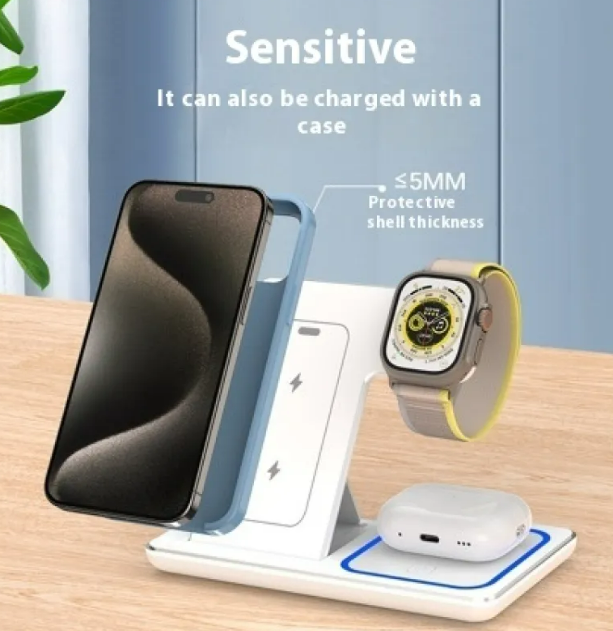 R.E.D. Shopping 15W 3-in-1 LED foldable fast wireless charger stand for smartphones and devices on a sleek black stand.