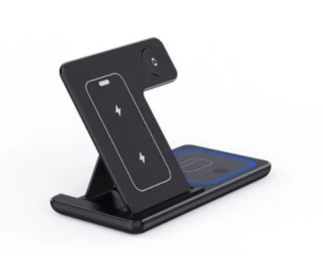 R.E.D. Shopping 15W 3-in-1 LED foldable fast wireless charger stand with phone, watch, and earbuds charging ports.