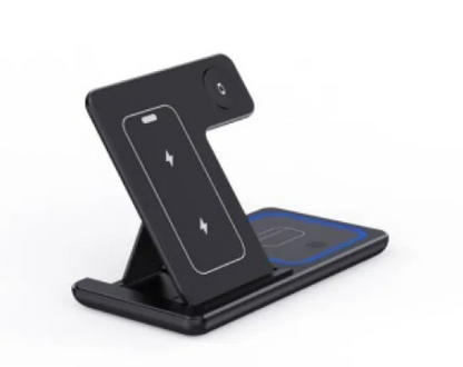 R.E.D. Shopping 15W 3-in-1 LED foldable fast wireless charger stand with phone, watch, and earbuds charging ports.